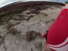 public wank at the sea red onepiece swimsuit crossdress