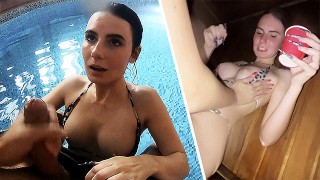 Mamada de sauna caliente y humeante: aventura sexual en la piscina con chicas fiesteras