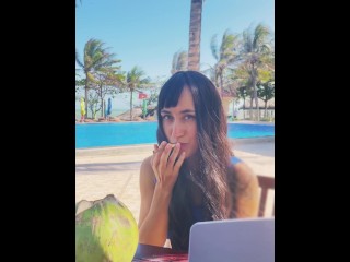 Sexy Beauty Girl and Coconut. Poolside Beautiful Alert!