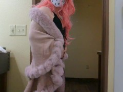 Sissy Femboy Crossdresser Flirts in Fur Coat and Chastity