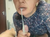 Please don't tell anyone ! MILF Stepmom Housewife Blowjob with Cum in Mouth to help his Stepson