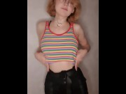 Preview 5 of A beautiful girl in a colorful T-shirt dances in front of the camera