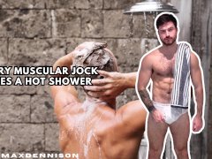 Hairy muscular jock takes a hot shower