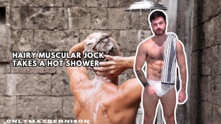 Hairy muscular jock takes a hot shower