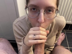 my girlfriend PLAYING with my FORESKIN and I CUM on her GLASSES