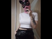 Preview 1 of smoking girl in a pink balaclava and a cat mask