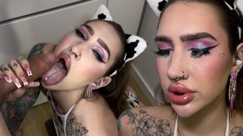 Hardcore messy deepthroat. Milk is poured on her tits, cum on her face and eyelashes