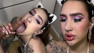 Hardcore messy deepthroat. Milk is poured on her tits, cum on her face and eyelashes