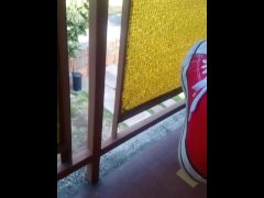 Double ended dildo in ass on balcony