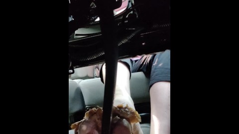 Pedal stomping raw eggs and Twinkies barefoot in my truck (front & back view)