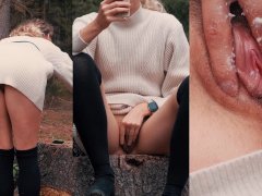 Teen blonde girl CAUGHT PLAYING WITH CREAMY HAIRY PUSSY outdoors. (short)