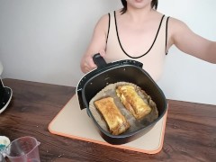 Sexy busty beauty makes strawberry toast in air fryer