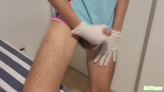 Skinny Twink Boy Jerking Off His Big Cock In Latex Gloves