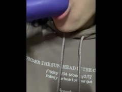 Sweetly sucking a purple cock.