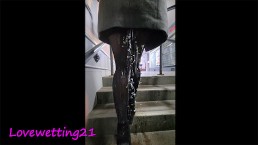 Naughty girl pisses in her pantyhose in public, then gets fucked