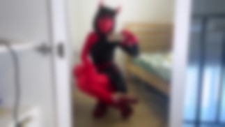 Halloweenfull outfit tryon shiny spandex nylon encasement with pantyhose face mask