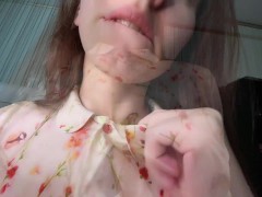 Down silky blouse red bra cleavage tease