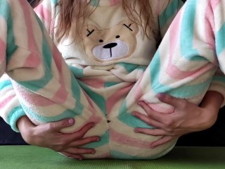 schoolgirl with small tits in pajamas masturbate pussy and squirting orgasm