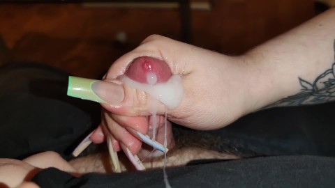 Sensual Long French Nails Handjob for Small Cock Slave with intense Cumshot *Xtra Long Nails*