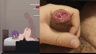 Сексуальная мастурбация женщины с фиолетовыми волосами и членом