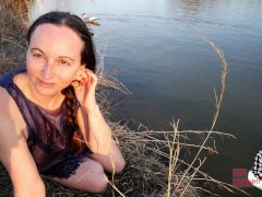 Wind Shivers My Nipples Hard As I Get Wet In Old Ripped Dress At Farm Pond