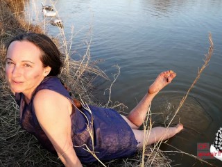 Wind Shivers my Nipples Hard as I get Wet in old Ripped Dress at Farm Pond