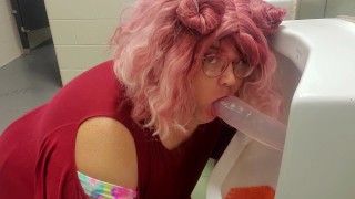 Sucking a dildo inside a Public Urinal!