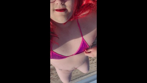 Chubby Trans exposed in tiny bikini at beach!