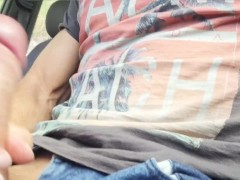 Sexy guy touching his big cock in the car with people passing by and watching - almost caught