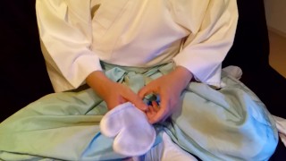 Anal masturbation with a dildo while wearing a Chinese dress and mass ejaculation