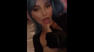 sexy manga cosplay girl suck dildo blue hair anime