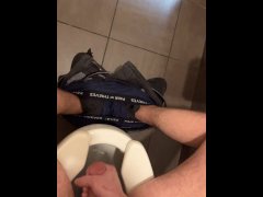 Trying so hard to be quite dirty talking at work huge cumshot public restroom moaning