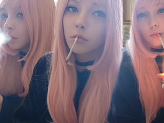 Beautiful Pink Hair Egirl Smoking in Black Pyjama (full Vid on my ManyVids/0nlyfans)