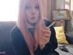 Beautiful Pink Hair Egirl Smoking in black pyjama (full vid on my ManyVids/0nlyfans)