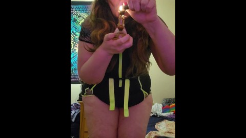 Sexy stoner girl smokes in new outfit