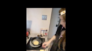 A slutty girl gets horny and inserts while baking pancakes #48-pancake