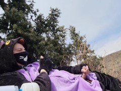 Catboy moans in the mountains and masturbates