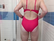 Preview 1 of Crossdresser on sexy red one piece swimsuit