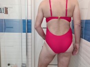 Preview 3 of Crossdresser on sexy red one piece swimsuit