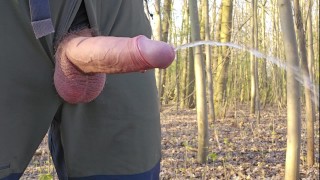 Возбужденный турист с толстым членом мочится и мастурбирует в лесу!