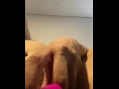 Playing with dildo in my pink pussy while plug in ass before work!!