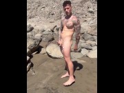 Preview 1 of Boygym Sexy Hunk Tattoed Play with fat cock in nudist beach