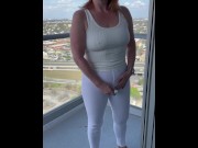 Preview 6 of Public Clit Flash and Caught Orgasm Squirting in White Pants on Balcony