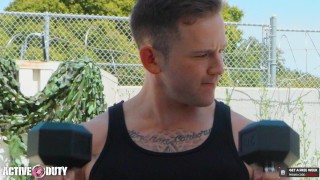 Beefy Tatted Soldier Raw Fucks Horny Jock - Davin Strong, Andrew Delta - ActiveDuty