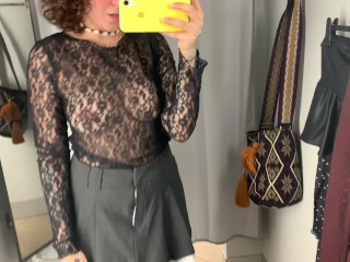 No Bra, Transparent Shirt, Short Skirt. try on in Public Store.