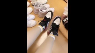 Two College Girls Sneakers In Socks Step On Cock