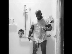 🧼🚿Soapy shower time Wet t-shirt dick swinging slippery brown muscle butt man