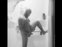 🧼🚿Soapy shower time Wet t-shirt dick swinging slippery brown muscle butt man
