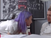 Preview 3 of Mia Cheers - Two cocks in a skinny purple haired teen