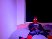 Preview 2 of Spiderman zentai use a dildo and cum